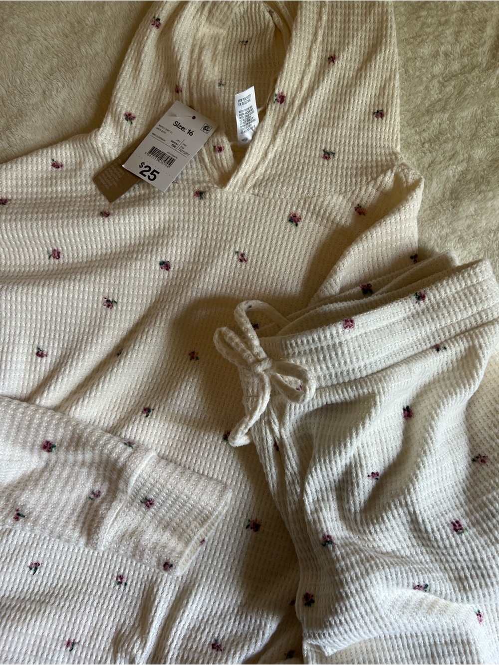 Hooded Waffle Shirt Cream Floral Ditsy Lounge Shorts Set XL